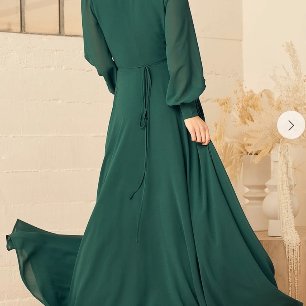 Lulus My Whole Heart Emerald Green Long Sleeve Wrap Dress - Size M - Picture 3 of 3
